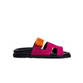 Hermès Chypre sandals in a striking Rose Chapas and orange suede colorway.
