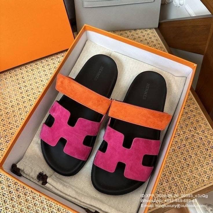 Hermès Chypre sandals in a striking Rose Chapas and orange suede colorway.