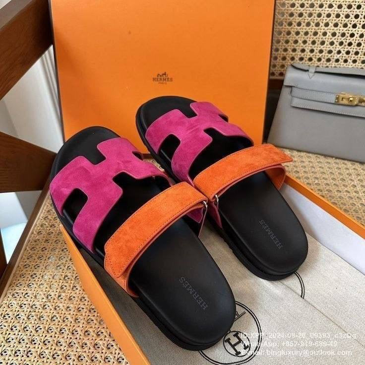 Hermès Chypre sandals in a striking Rose Chapas and orange suede colorway.